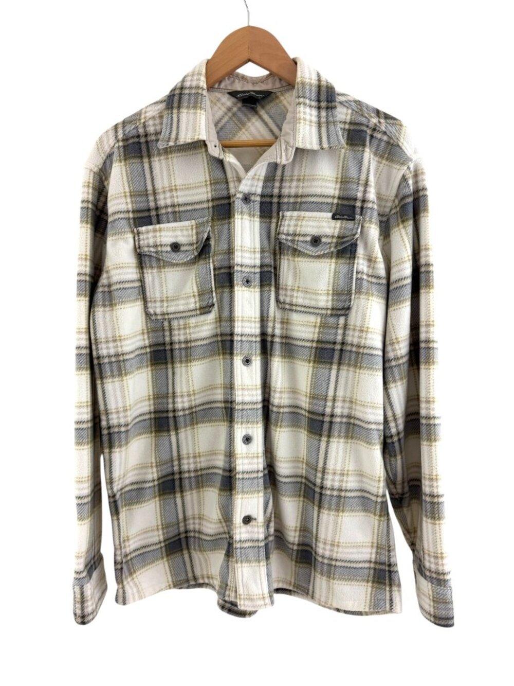 Eddie Bauer Men's‎ White Gray Tan Plaid Fleece Shirt Shacket Size M Soft Warm